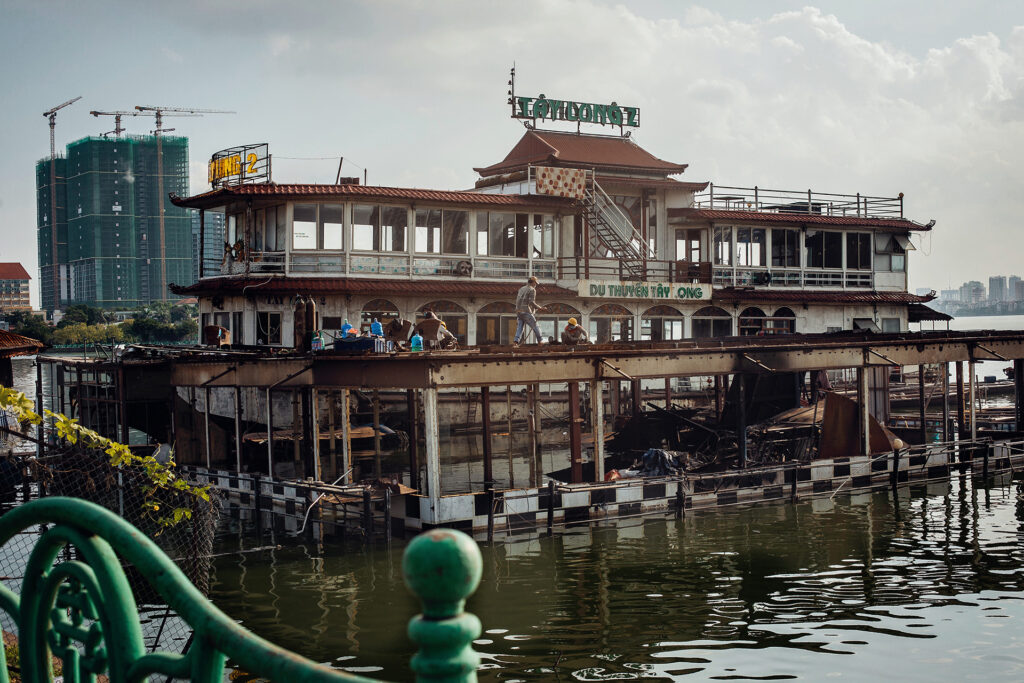 dismantlement of the first Ghost ship on Westlake, Tay Ho, Hanoi, Vietnam