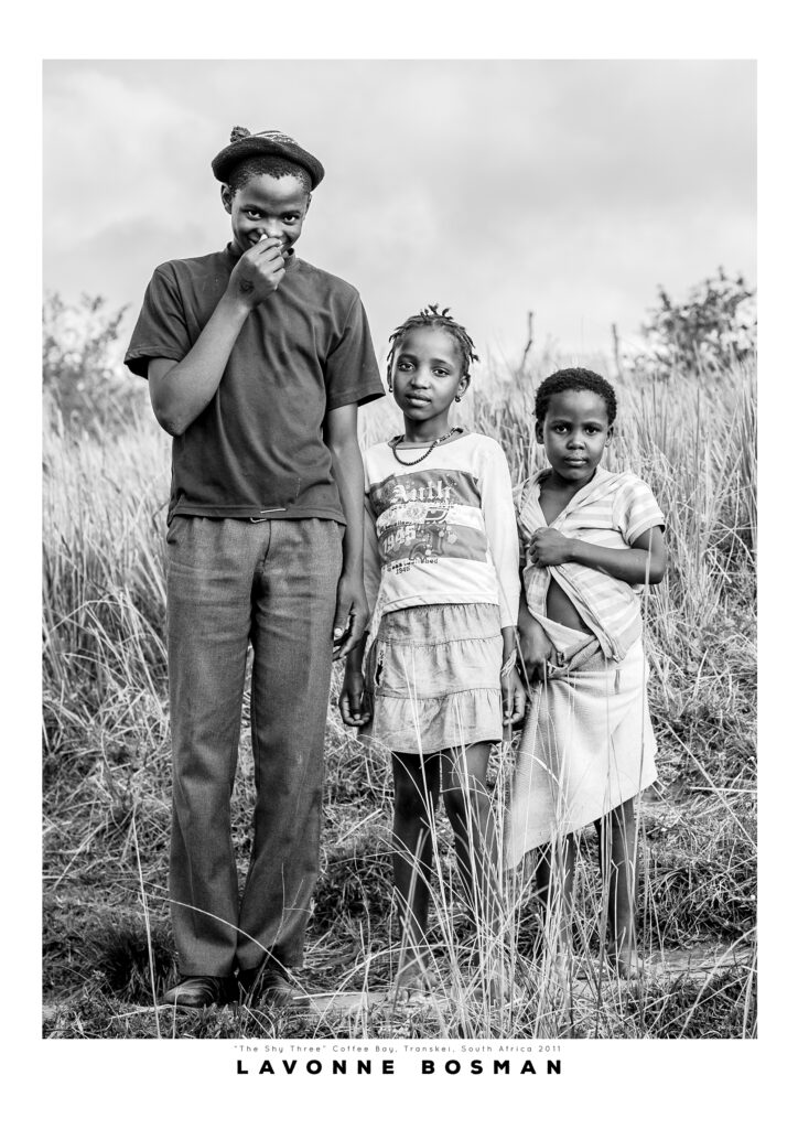 South African Art photo poster print of three African children. Photography portrait in Black and white taken by photographer Lavonne Bosman